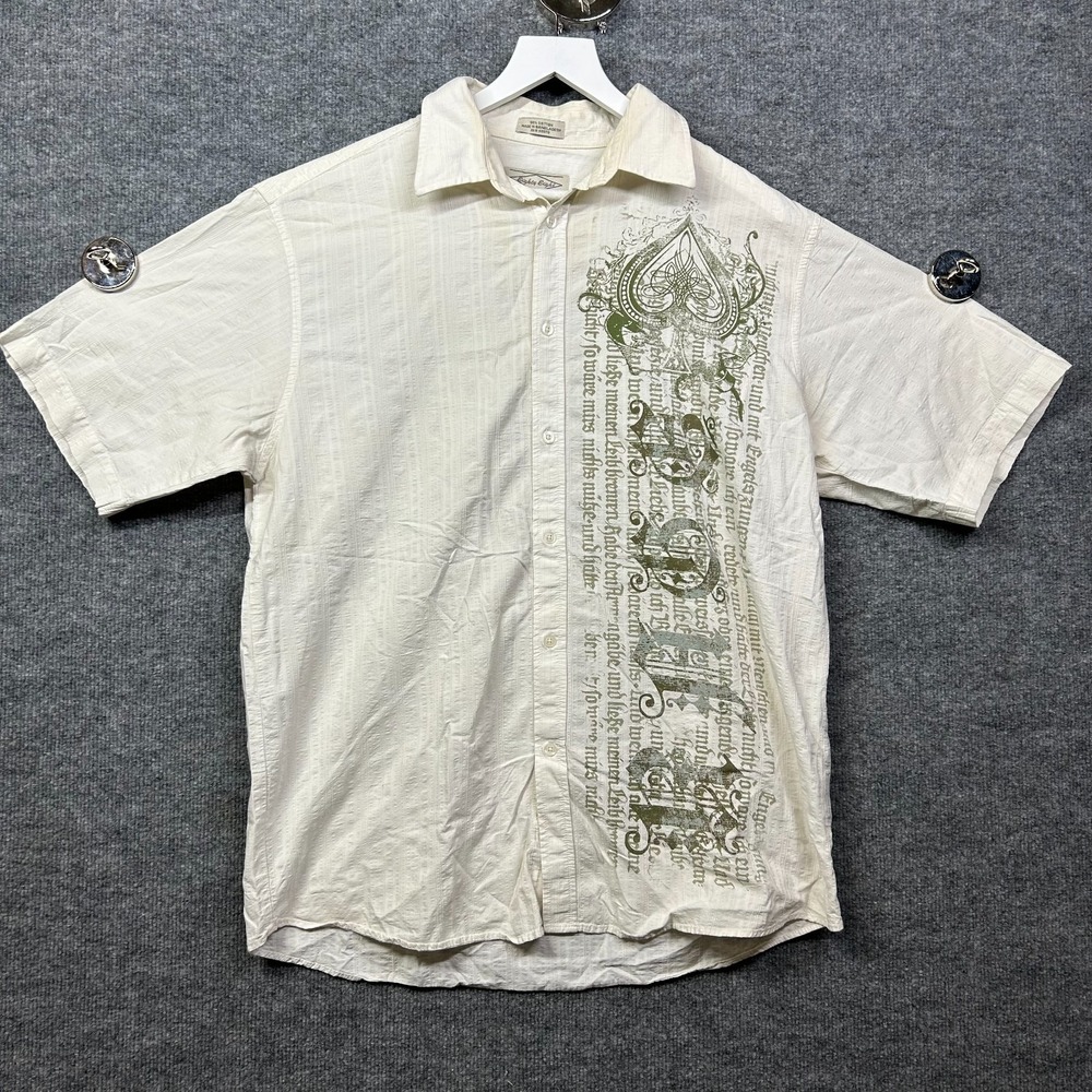 Eighty Eight Button Up Short Sleeve Shirt Mens Cream Ace Spades Graphic Y2K - XL